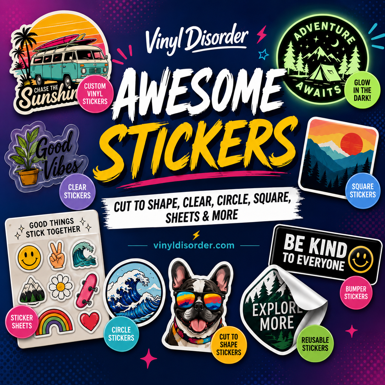 Sticker sheet with multiple clear vinyl decals, cut-to-shape designs, assorted icons