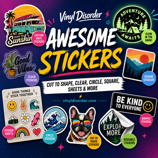Sticker sheet with multiple clear vinyl decals, cut-to-shape designs, assorted icons