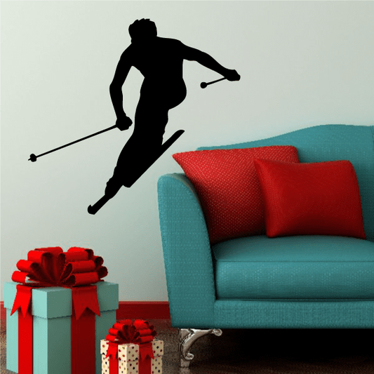 Skiing decal with black backcountry skier silhouette and ski poles