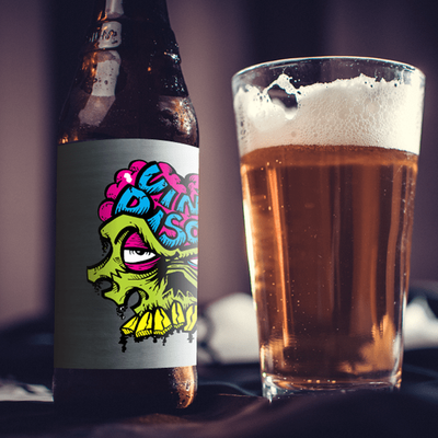 Close-up of a beer label sticker for a bottle and glass