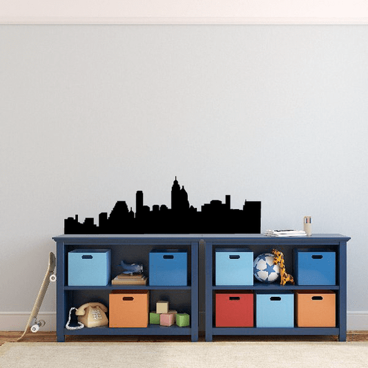 Black city skyline wall decal silhouette with skyline towers and buildings