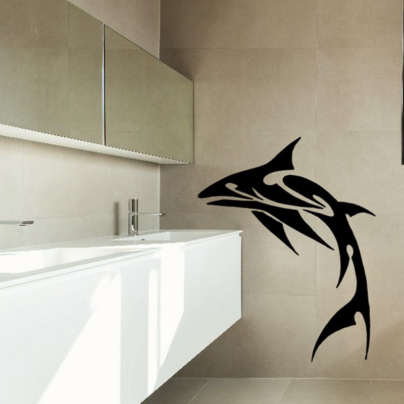 Abstract shark wall decal, black stylized blade-like body and fins.
