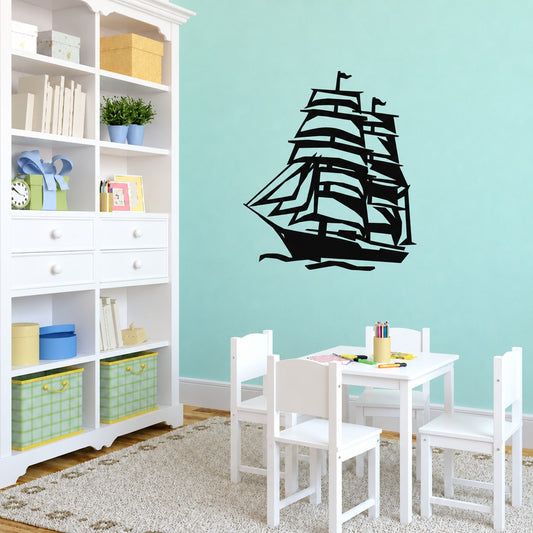 Pirate ship wall decal, black stylized sailing ship silhouette