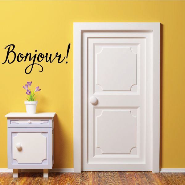 Bonjour! cursive wall decal sticker with decorative flourish