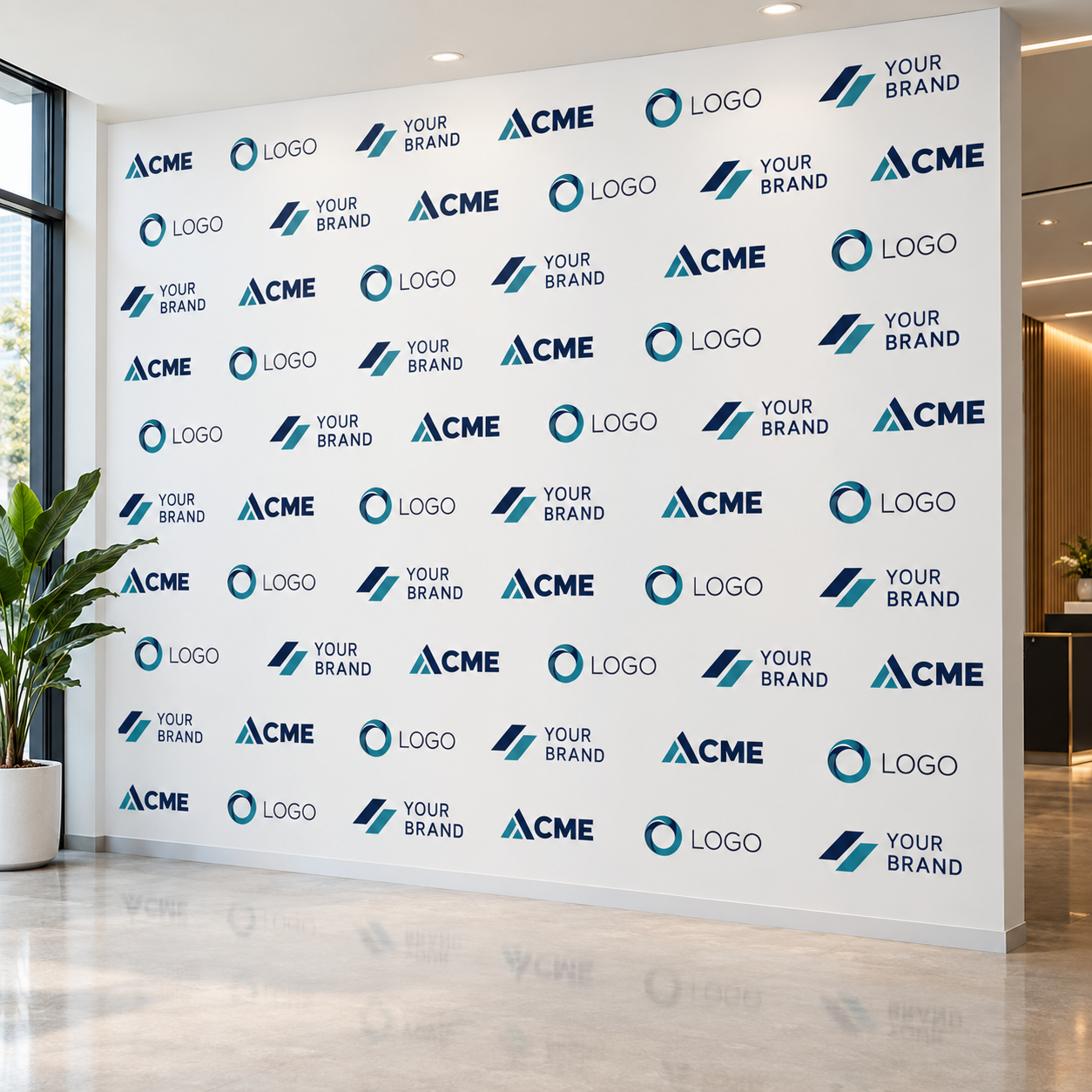 Brand and business step and repeat wall graphics with company logos on a white adhesive vinyl wall