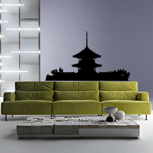 Buddhist temple decal featuring a black pagoda silhouette with roof tiers