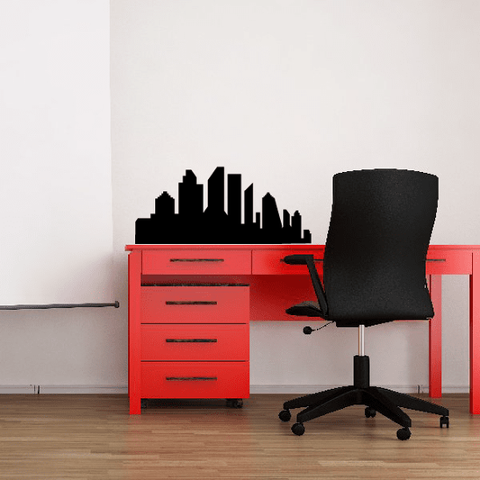 Black city skyline wall decal with building silhouettes and windows