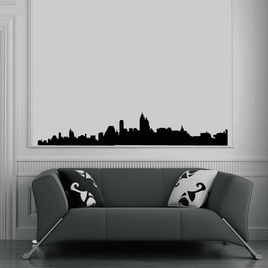 Black business skyline wall decal with city silhouette