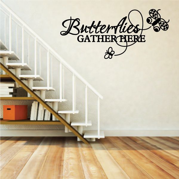 Butterflies Gather Here wall decal with black butterfly and ornate script lettering