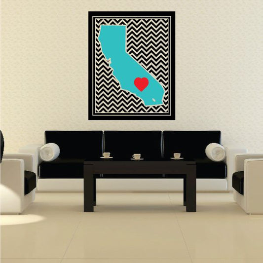 California state chevron sticker in turquoise with red heart inside black square frame