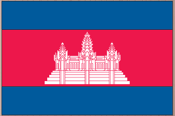 Rectangular Cambodia flag sticker with blue border and white Angkor Wat on red
