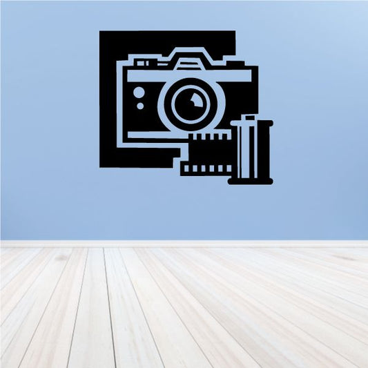 Camera film decal with stylized camera icon in black and white