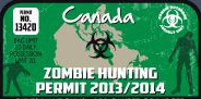 Green Canada zombie hunting permit sticker with biohazard symbol and 2014 text