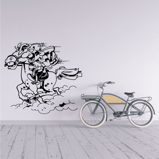 Black and white cartoon horse and jockey wall decal with motion lines