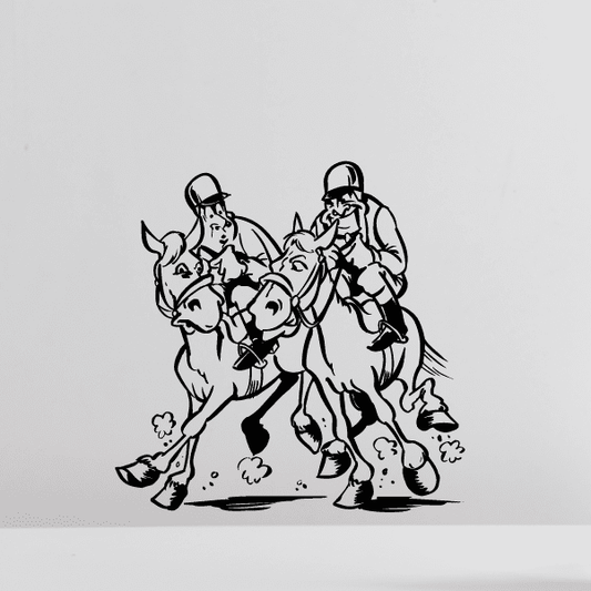 Cartoon horse racing decal with two jockeys and two horses in black outline