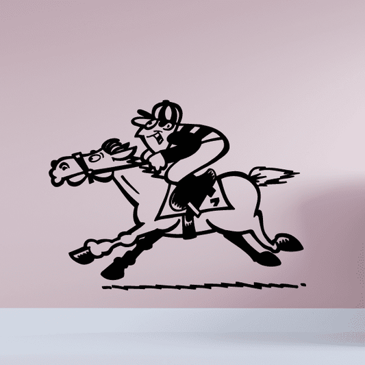 Cartoon horse racing jockey graphic with black-and-white horse and rider