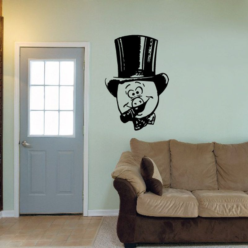 Cartoon pig wall decal with black top hat and small cigarette