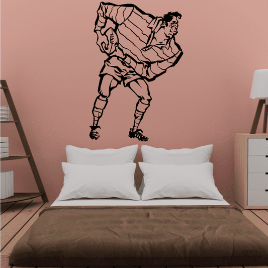 Cartoon rugby player wall decal, full-body standing in action pose