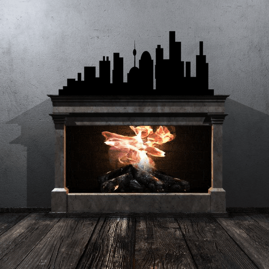 Black city skyline decal silhouette over fireplace mantel