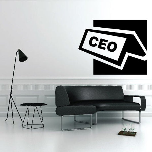 Black and white CEO desk sign decal with bold 'CEO' arrow text