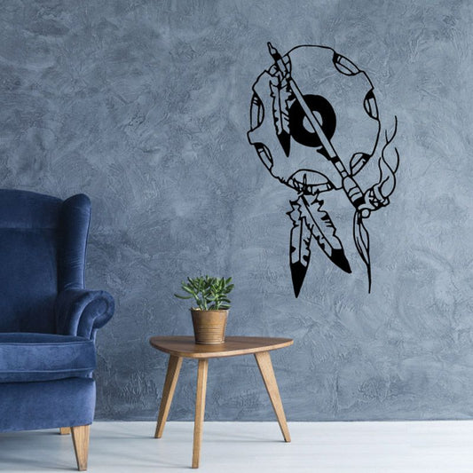 Ceremonial hoop wall decal with peace pipe graphic in black line art