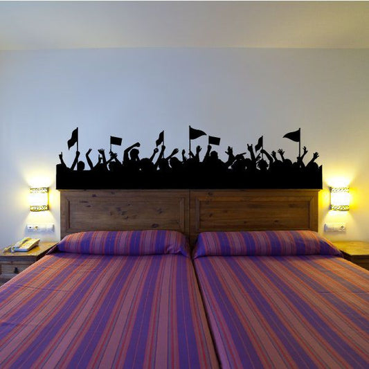 Black cheering sports crowd wall decal silhouette with raised hands