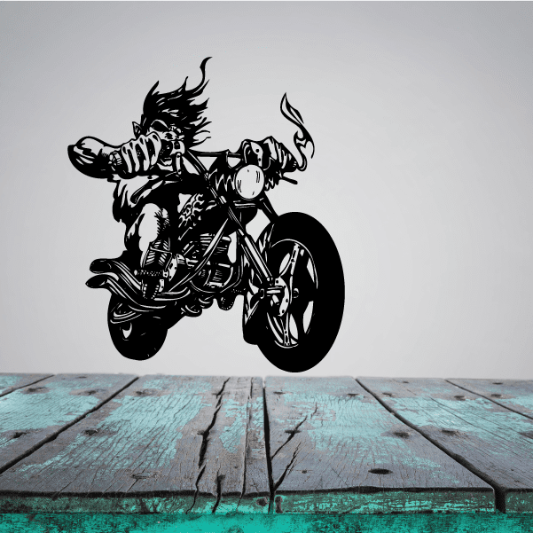 Black chopper motorcycle wall decal with rider and flame details