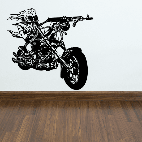 Black vinyl wall decal of a chopper motorcycle with rider