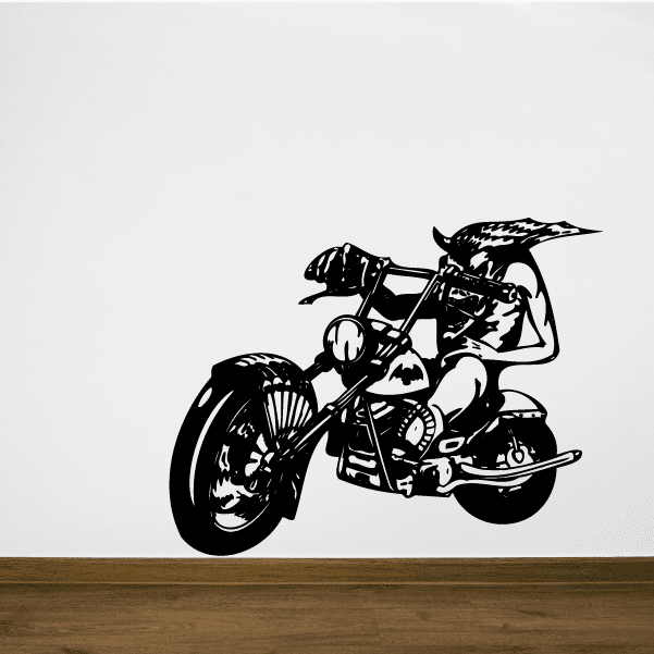 Black chopper motorcycle wall decal with rider and engine details