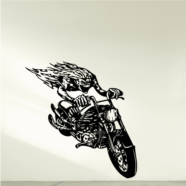 Motorcycle wall decal with flame and skeleton rider graphic, black vinyl sticker