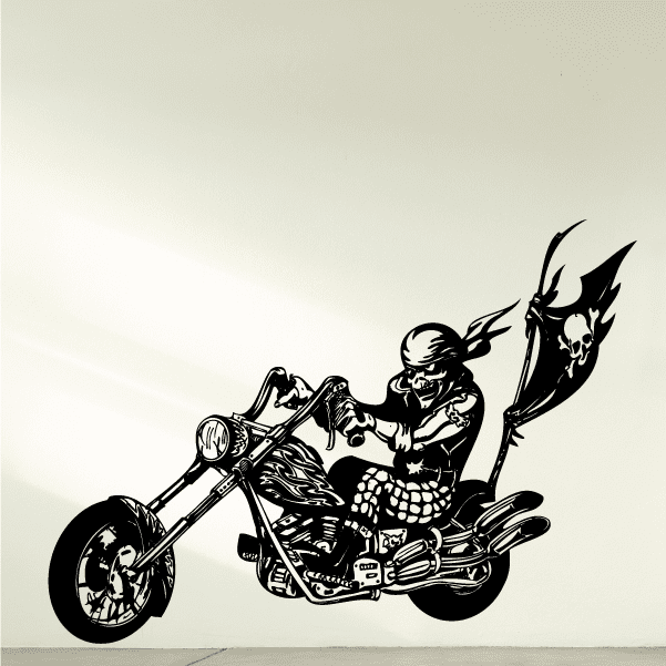 Motorcycle wall decal with black-and-white chopper rider and flames motif