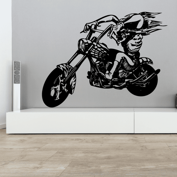 Motorcycle wall decal of a chopper with rider, black vinyl outline style