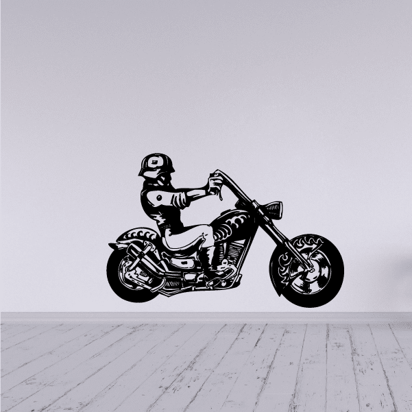 Black vinyl chopper wall decal of a motorcycle rider on a chopper bike