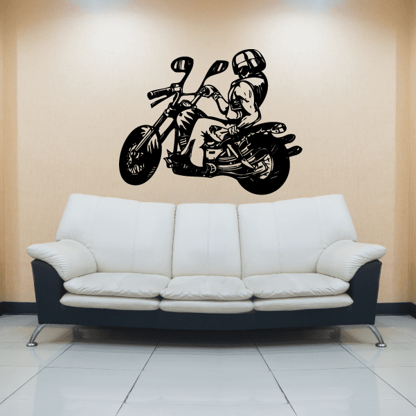 Black motorcycle biker wall decal, vinyl sticker of rider on chopper bike