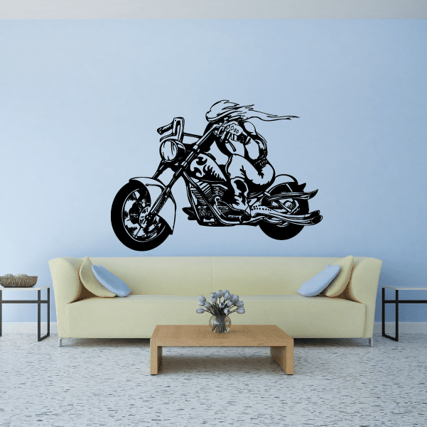 Black vinyl chopper wall decal with motorcycle rider on bike