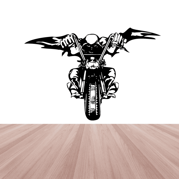 Black and white motorcycle chopper wall decal with rider and dramatic wings