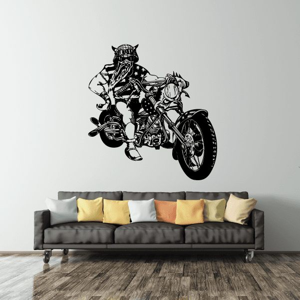 Motorcycle wall decal: black chopper rider on a custom bike, bold outline art.
