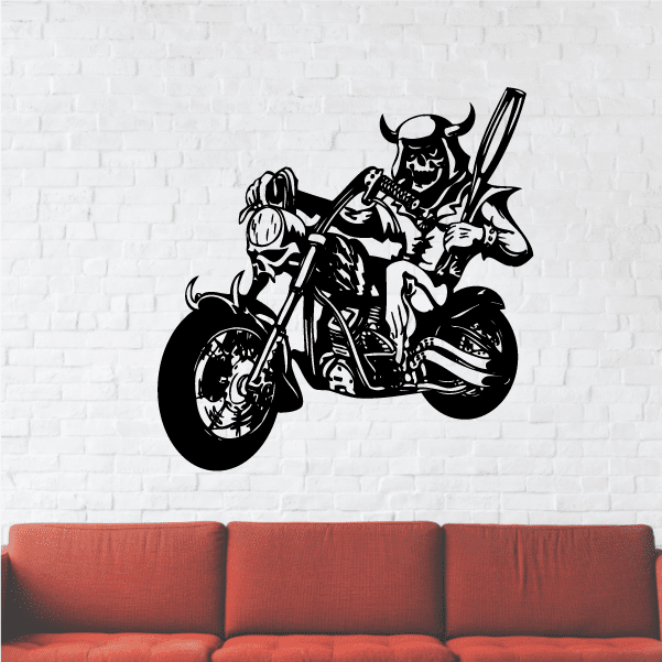 Black chopper motorcycle wall decal with rider holding a wrench