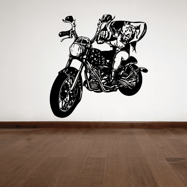 Chopper wall decal vinyl sticker of black motorcycle with rider silhouette