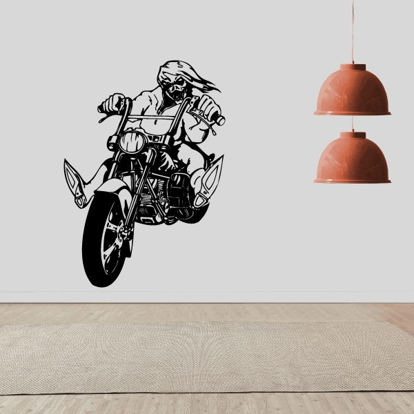 Motorcycle biker wall decal, black vinyl rider on bike silhouette