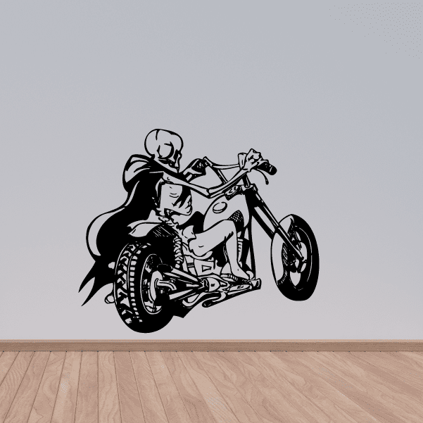 Black vinyl wall decal of a cartoon rider on a motorcycle