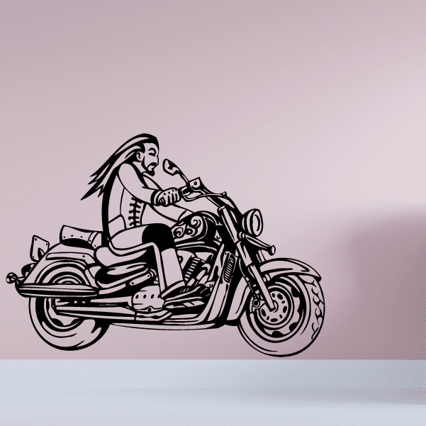Vinyl wall decal featuring a biker on a motorcycle, black line art