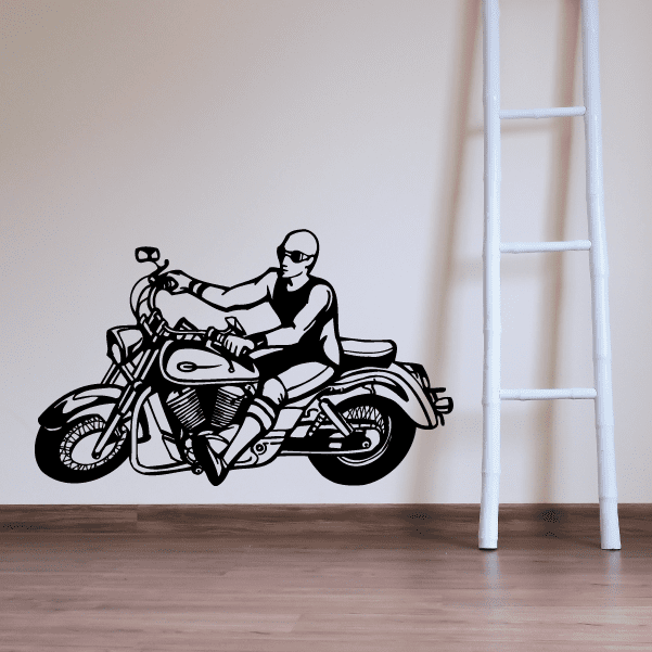Motorcycle rider vinyl wall decal, black biker on motorcycle illustration
