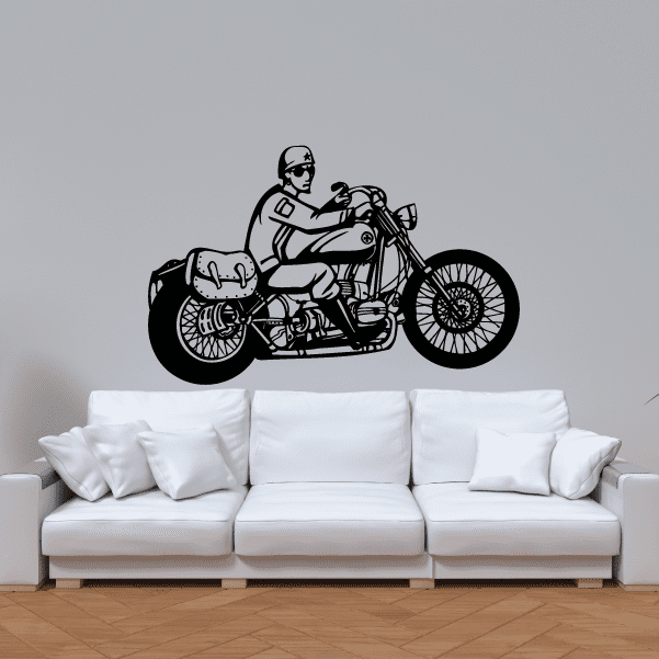 Motorcycle rider wall decal, black biker graphic on a motorcycle