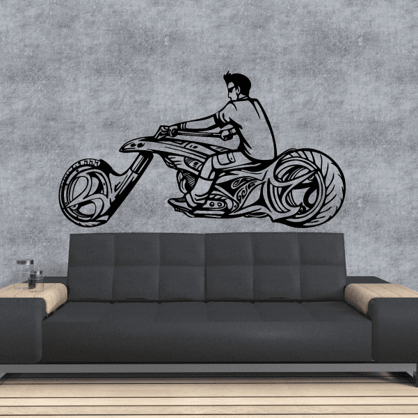 Black vinyl wall decal of a chopper motorcycle with rider silhouette