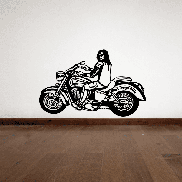 Vinyl wall decal of a black motorcycle with rider sitting on the bike