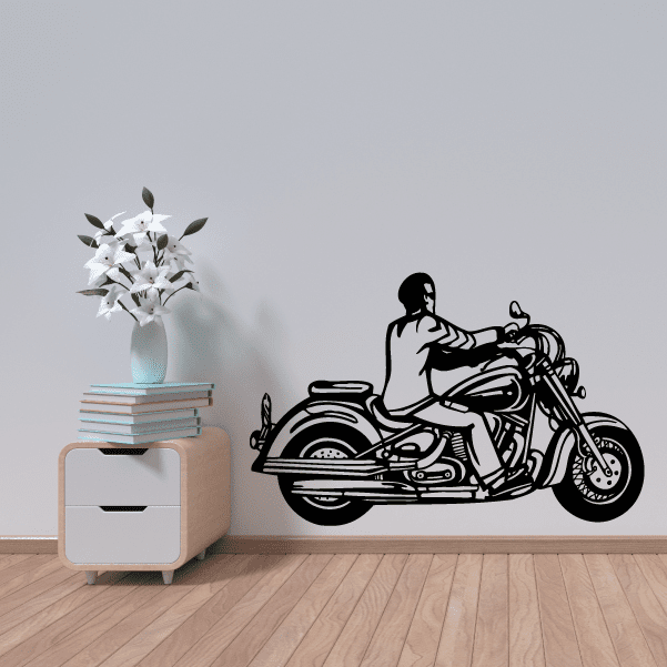 Black motorcycle wall decal with rider silhouette, vinyl sticker