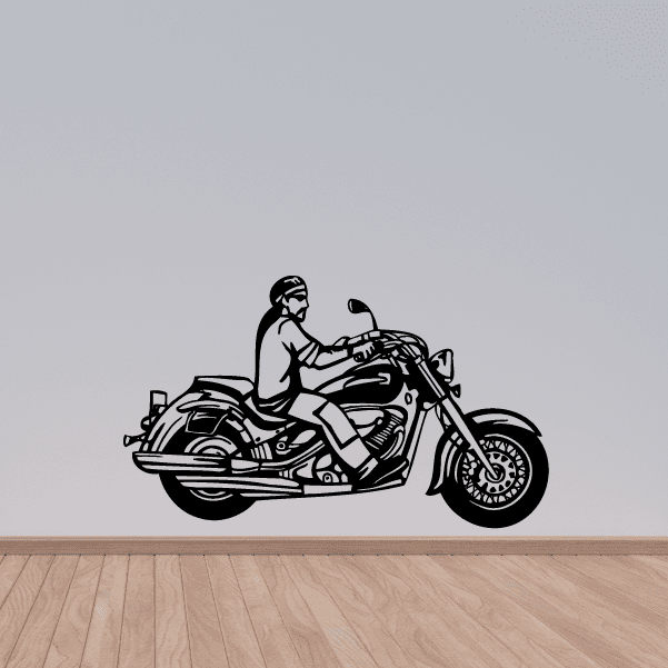Black vinyl chopper wall decal with seated rider on motorcycle