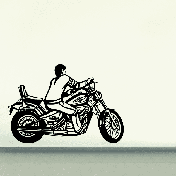 Motorcycle wall decal of rider on chopper-style bike, black outline