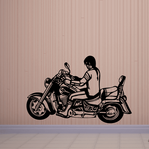 Chopper wall decal vinyl of a rider on a black motorcycle silhouette